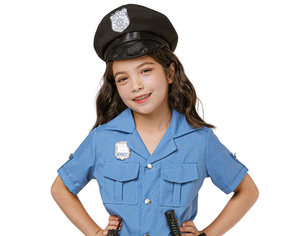 Role play-set for kids Blue Policewoman (shirt, skirt, belt, hat, handcuffs, Walkie- talkie, baton), size 110/120 cm